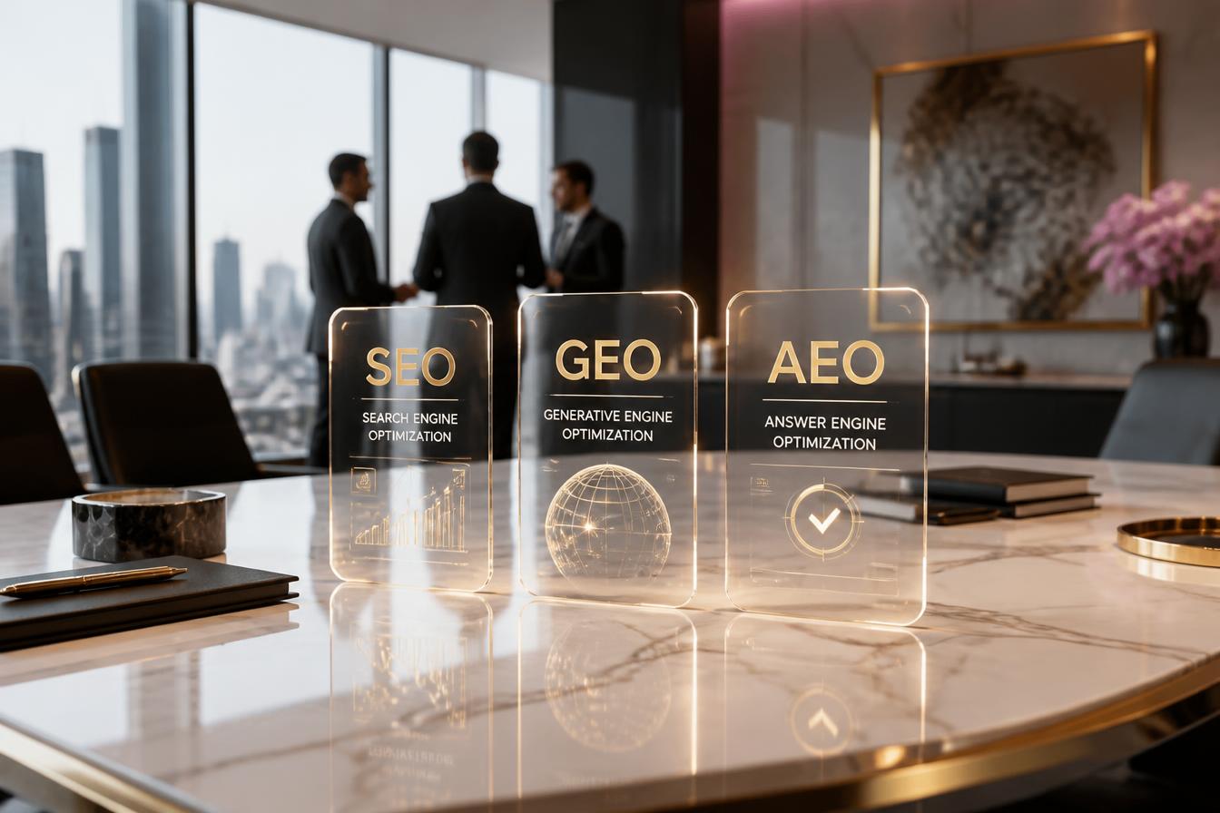 專業會議室內展示 SEO、GEO 與 AEO 三種優化概念的全息卡